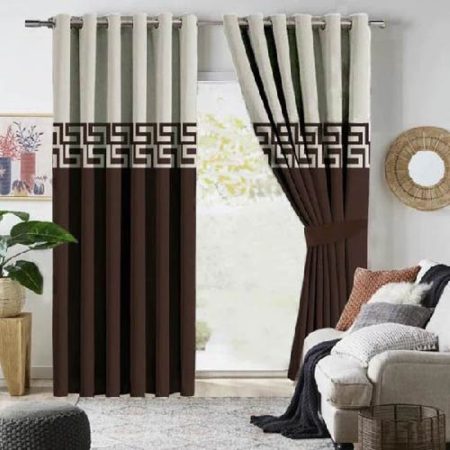 Off White & Chocolate Brown Velvet Laser Cut Design Curtains ( Set of 2 Pcs with 2 Belts )