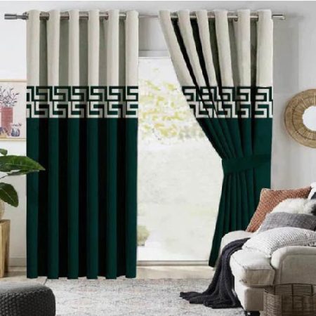 Off White & Green Velvet Laser Cut Design Curtains ( Set of 2 Pcs with 2 Belts )