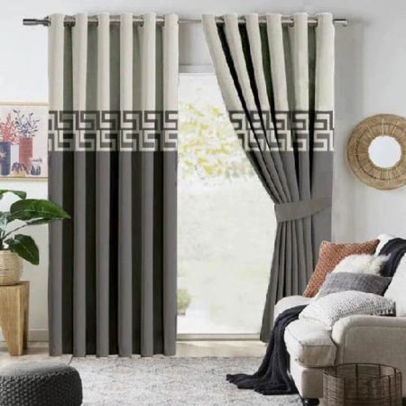 Off White & Grey Velvet Laser Cut Design Curtains ( Set of 2 Pcs with 2 Belts )