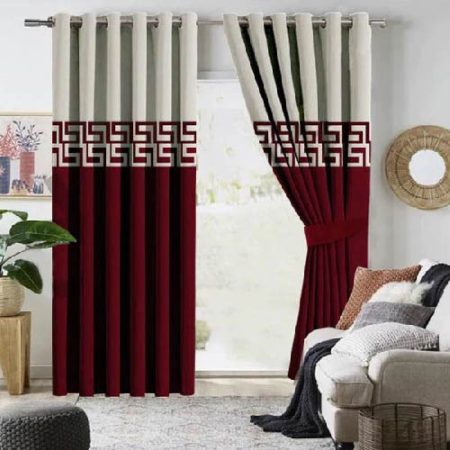 Off White & Maroon Velvet Laser Cut Design Curtains ( Set of 2 Pcs with 2 Belts )