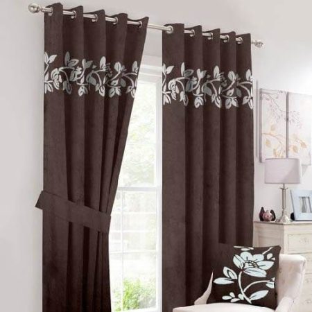 Off White on Chocolate Brown Velvet Laser Cut Design Curtains ( Set of 2 Pcs with 2 Belts )