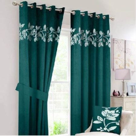 Off White on Green Velvet Laser Cut Design Curtains ( Set of 2 Pcs with 2 Belts )