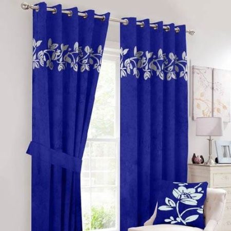 Off White on Royal Blue Velvet Laser Cut Design Curtains ( Set of 2 Pcs with 2 Belts )