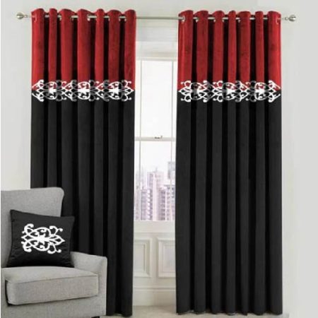 Red & Black Velvet Laser Cut Design Curtains ( Set of 2 Pcs with 2 Belts )