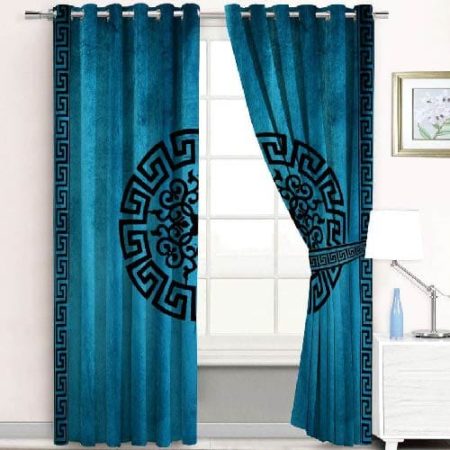 Teal Green & Black Luxury Velvet Monogram Curtains ( Set of 2 Pcs with 2 Belts )