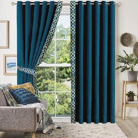 Teal Green & Off White Velvet Laser Cut Design Curtains ( Set of 2 Pcs with 2 Belts )