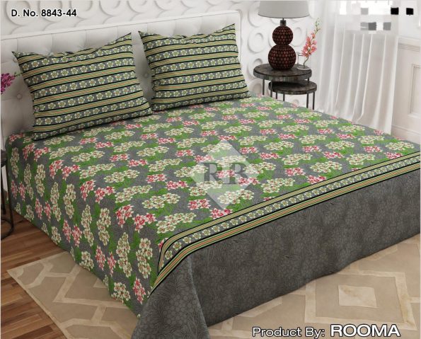 Beautifull Grey Flowers Printed Bed Sheet With 2 Pillow Covers