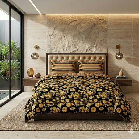 Black Yellow Flowers Printed Bed Sheet With 2 Pillow Covers