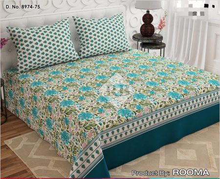 Firozi rinted Bed Sheet With 2 Pillow Covers