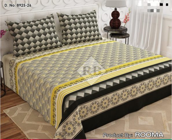 Yellow Black Printed Bed Sheet With 2 Pillow Covers