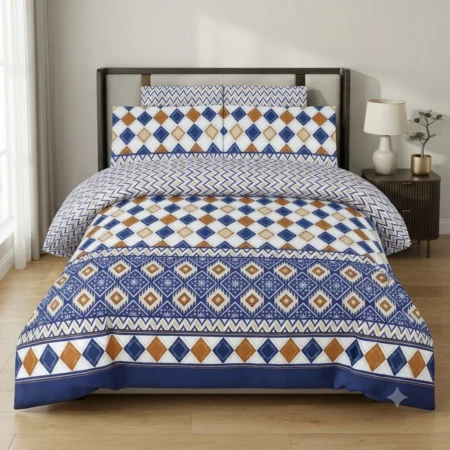 Dark Blue Printed Bed Sheet With 2 Pillow Covers