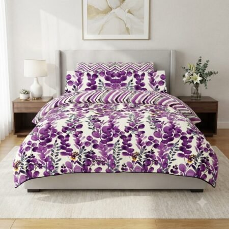 Elegant Purple Leaves & Zig-Zag Print Bed Set