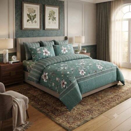 Greenish-Blue Printed Bed Sheet With 2 Pillow Covers