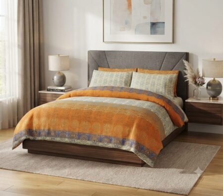 Orange Printed Bed Sheet With 2 Pillow Covers