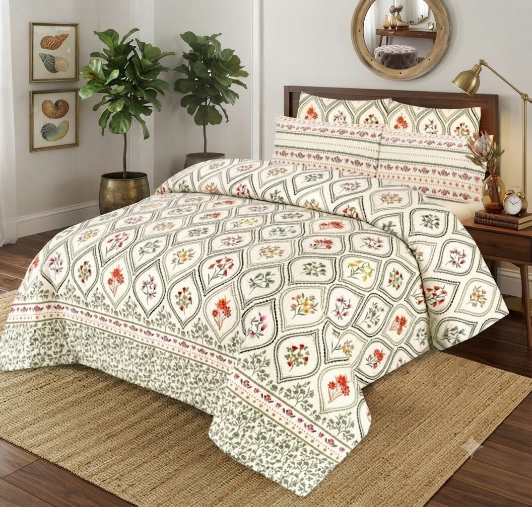 Soft Cream Printed Bed Sheet With 2 Pillow Covers Soft Cream Printed Bed Sheet With 2 Pillow Covers
