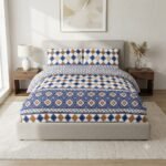 Blue & Mustard Geometric Bed Sheet Set with Matching Pillow Covers