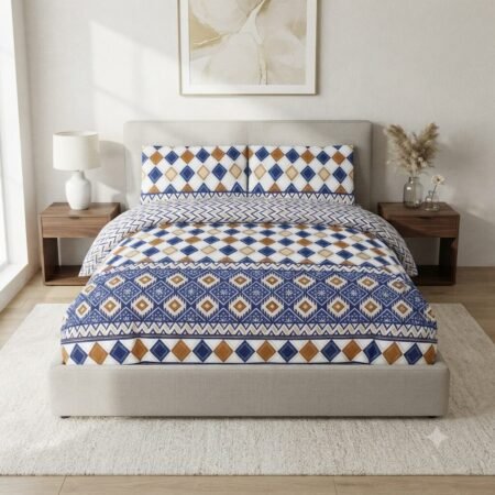 Blue & Mustard Geometric Bed Sheet Set with Matching Pillow Covers