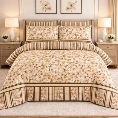 Classic Beige & Brown Floral Stripe Bed Sheet