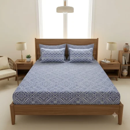 Classic Blue & White Geometric Bed Set with Matching Pillow Covers
