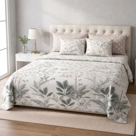 Elegant Grey Leaf Pattern Bed Sheet & Pillow Set