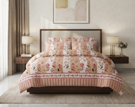 Elegant Pink Floral Stripe Cotton Bed Sheet