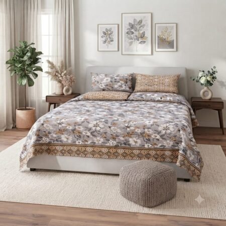 Whit Brown Grey Color Printed Bed Sheet B