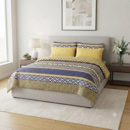 Whit Yellow Grey Color Printed Bed Sheet B
