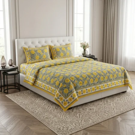 Yellow Floral Printed Bedsheet with Pillow Covers