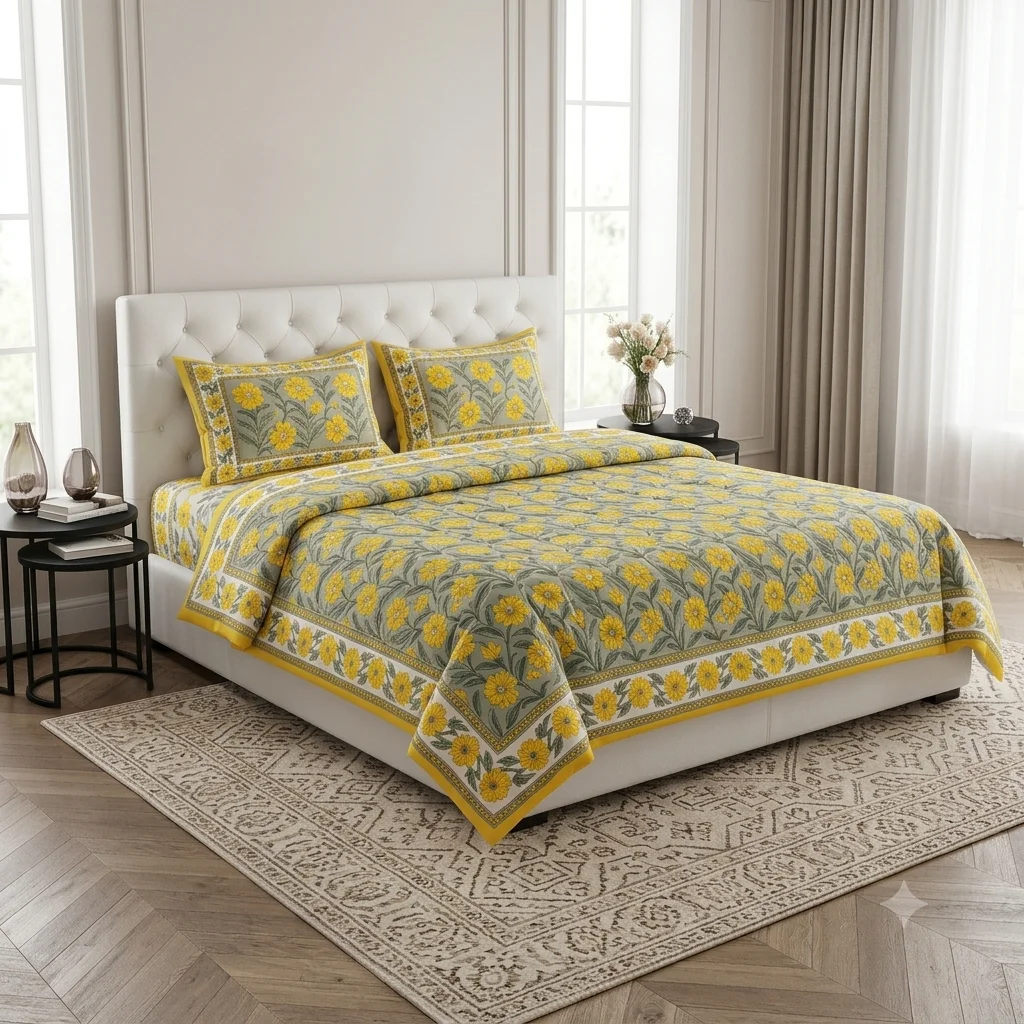 Yellow Floral Printed Bedsheet with Pillow Covers Yellow Floral Printed Bedsheet with Pillow Covers