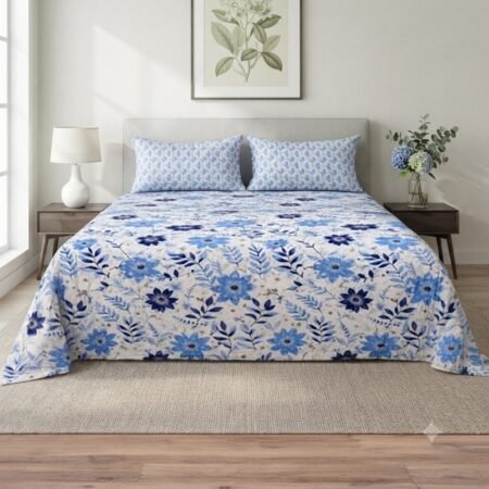 Sky Blue Flowers Design Printed Bed Sheet S
