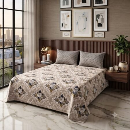 Cream Off White Printed Bed Sheet With 2 Pillow Covers