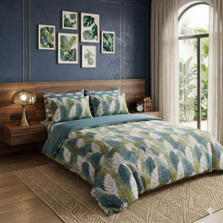 Green Leaves Printed Bed Sheet With 2 Pillow Covers