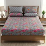 Grey-Blue Bedsheet with Pink Floral Print