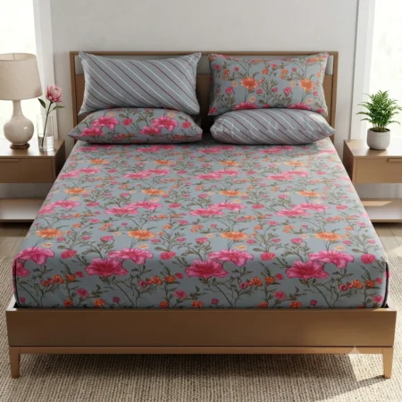Grey-Blue Bedsheet with Pink Floral Print
