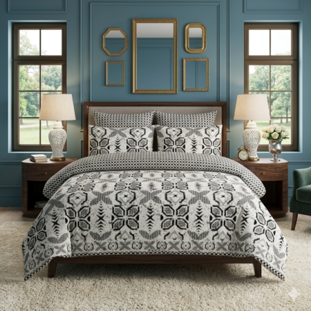 Grey Patterned Printed Bed Sheet With 2 Pillow Covers
