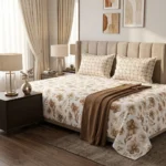 Luxury Beige Floral Printed Double Bed Sheet with 2 Pillow Covers