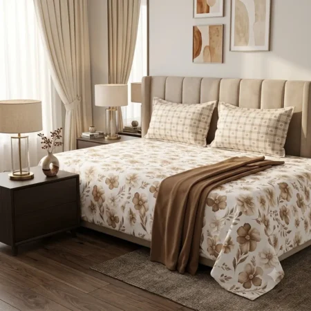 Luxury Beige Floral Printed Double Bed Sheet with 2 Pillow Covers