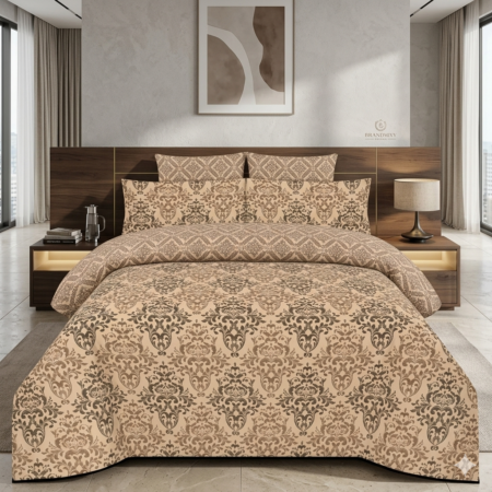 Luxury Beige floral Printed Bed Sheet With 2 Pillow Covers N
