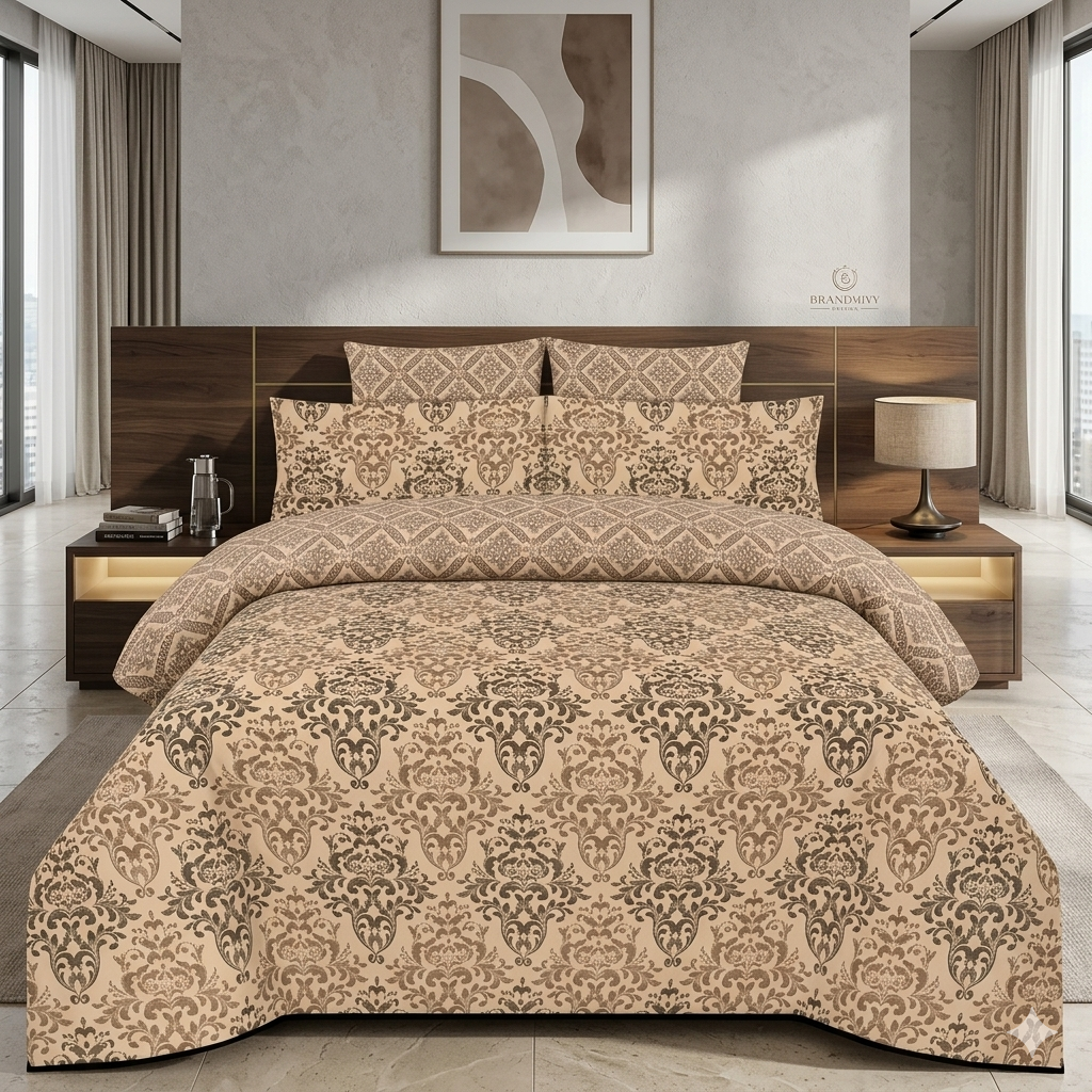Luxury Beige floral Printed Bed Sheet With 2 Pillow Covers N Luxury Beige floral Printed Bed Sheet With 2 Pillow Covers N