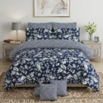 Luxury Navy Blue Geometric & Floral Printed Bed Sheet with Pillow Covers