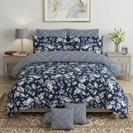 Luxury Navy Blue Geometric & Floral Printed Bed Sheet with Pillow Covers