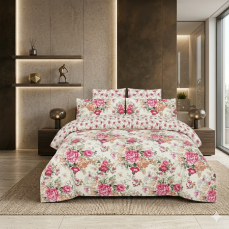 Pink flower Printed Bed Sheet With 2 Pillow Covers N