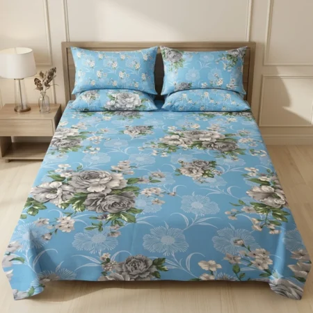 Premium Sky Blue Rose Garden Floral Bedsheet