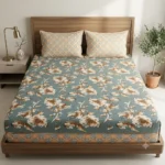 Teal Blue Bedsheet with Orange-Brown Floral Print & Border