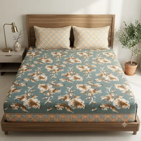 Teal Blue Bedsheet with Orange-Brown Floral Print & Border