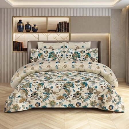 Teal and Gold Floral Print Bedsheet N