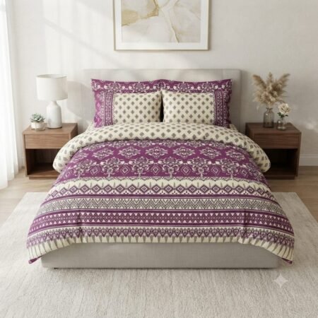 Traditional Purple & Cream Border Print Bed Sheet
