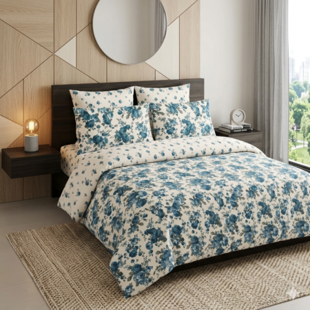 White with Blue Flowers Printed Bed Sheet With 2 Pillow Covers