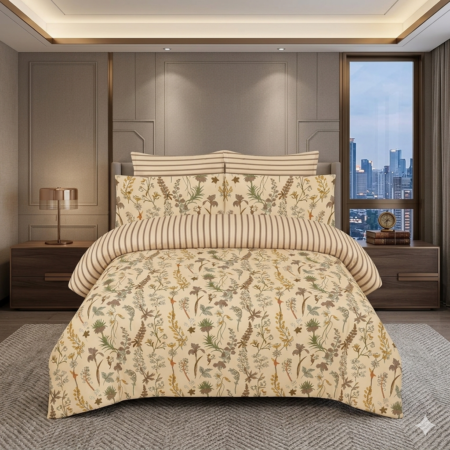 Cream Floral Printed Bed Sheet With 2 Pillow Covers