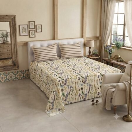 Cream Printed Bed Sheet With 2 Pillow Covers